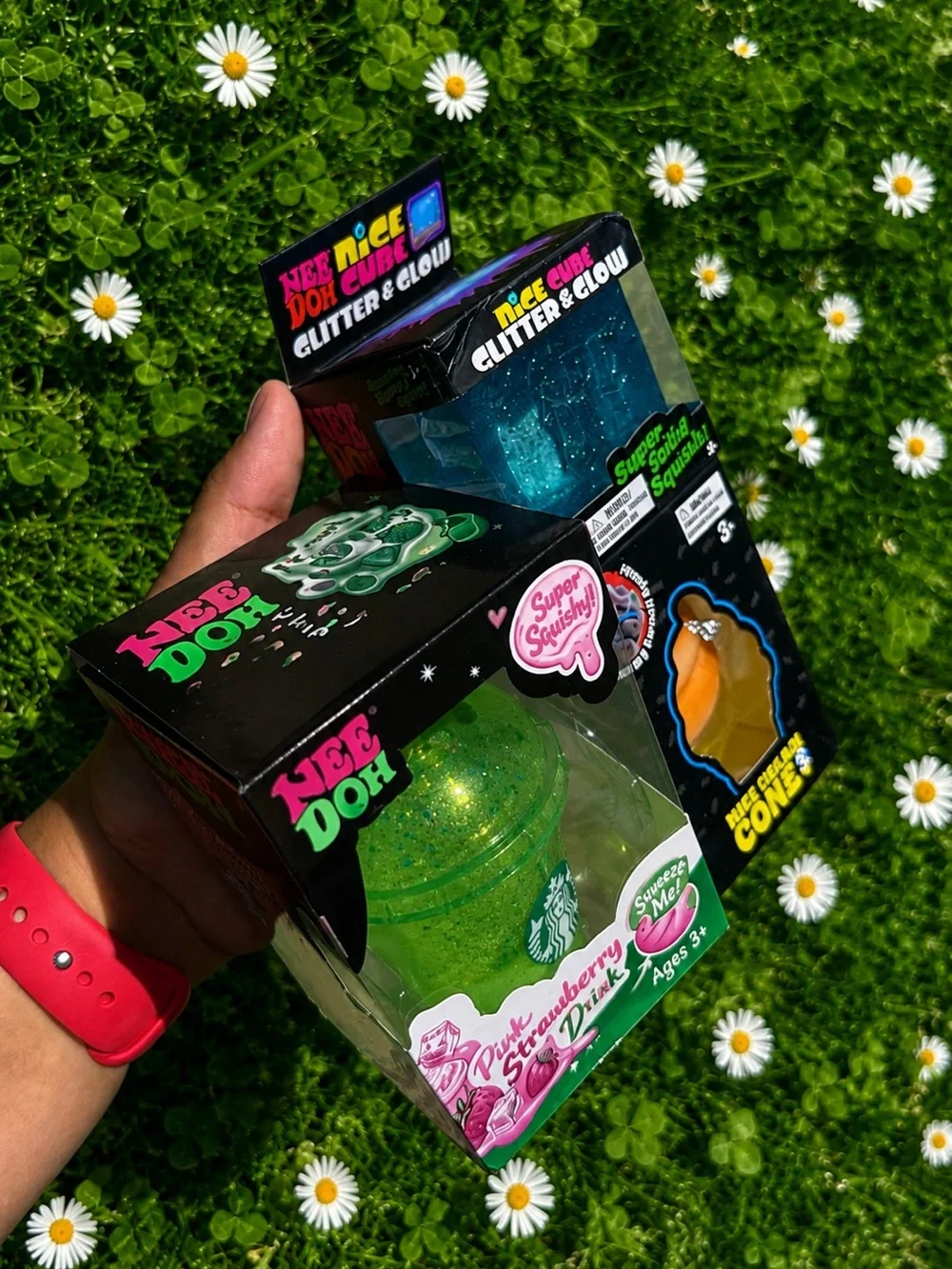 Pink Strawberry Drink Squishy Toy - Green Glitter NeeDoh Glitter and Ice Cream